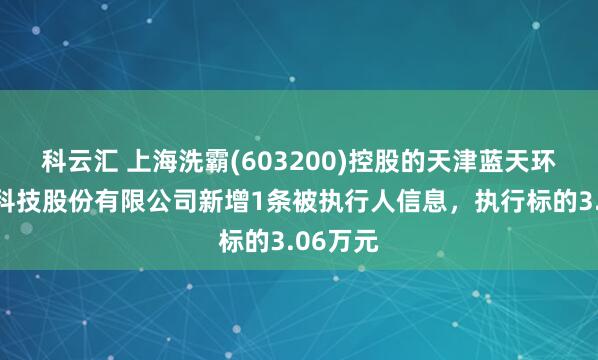 科云汇 上海洗霸(603200)控股的天津蓝天环科环境科技股份有限公司新增1条被执行人信息，执行标的3.06万元